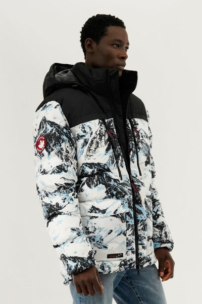Canada Weather Gear Mountain Print Puffer Bomber Jacket - White - Mens Bomber Jackets - Canada Weather Gear