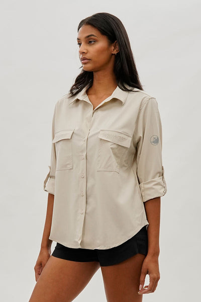 Canada Weather Gear Button Up Ripstop Utility Shirt - Beige - Womens Shirts & Blouses - Canada Weather Gear