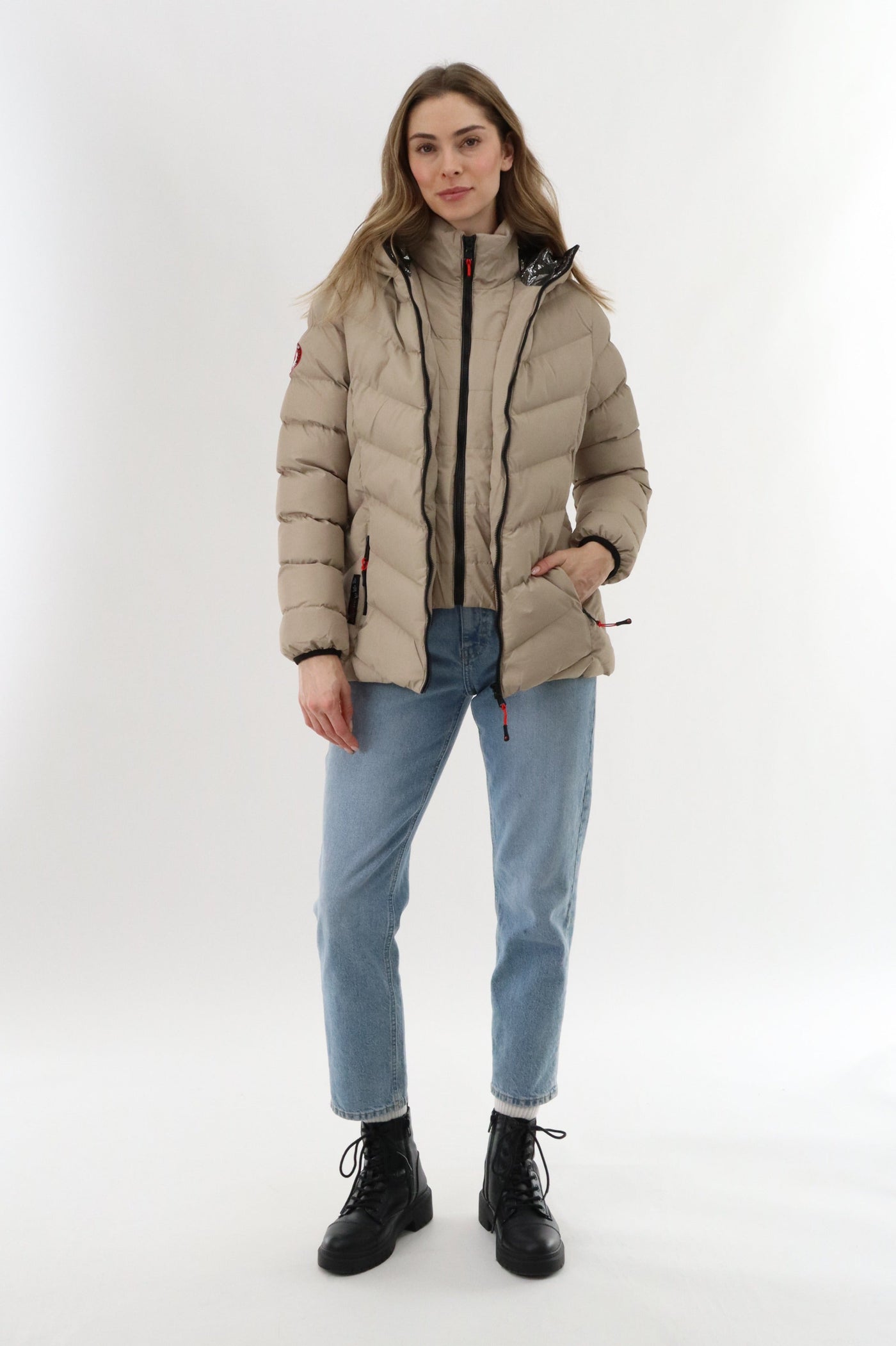 Canada Weather Gear Quilted Puffer Double Zip Bomber Jacket - Beige - Womens Bomber Jackets - Canada Weather Gear