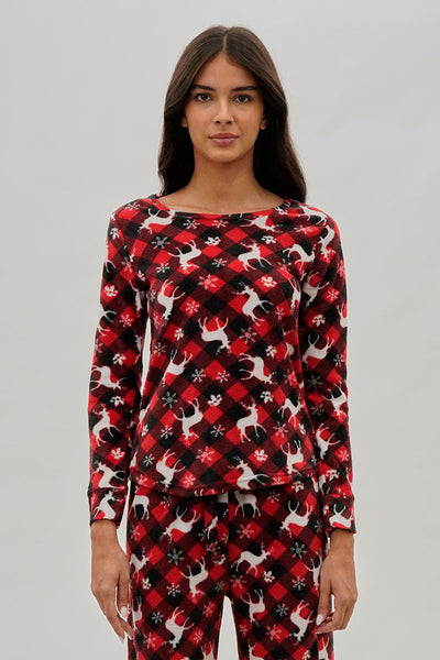 Canada Weather Gear Festive Print Crewneck Pajama Top - Red - Womens Pajamas - Fairweather