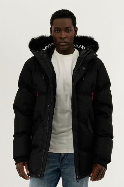 Super Triple Goose Faux Fur Lined Backpack Strap Parka Jacket - Black - Mens Parka Jackets - Canada Weather Gear