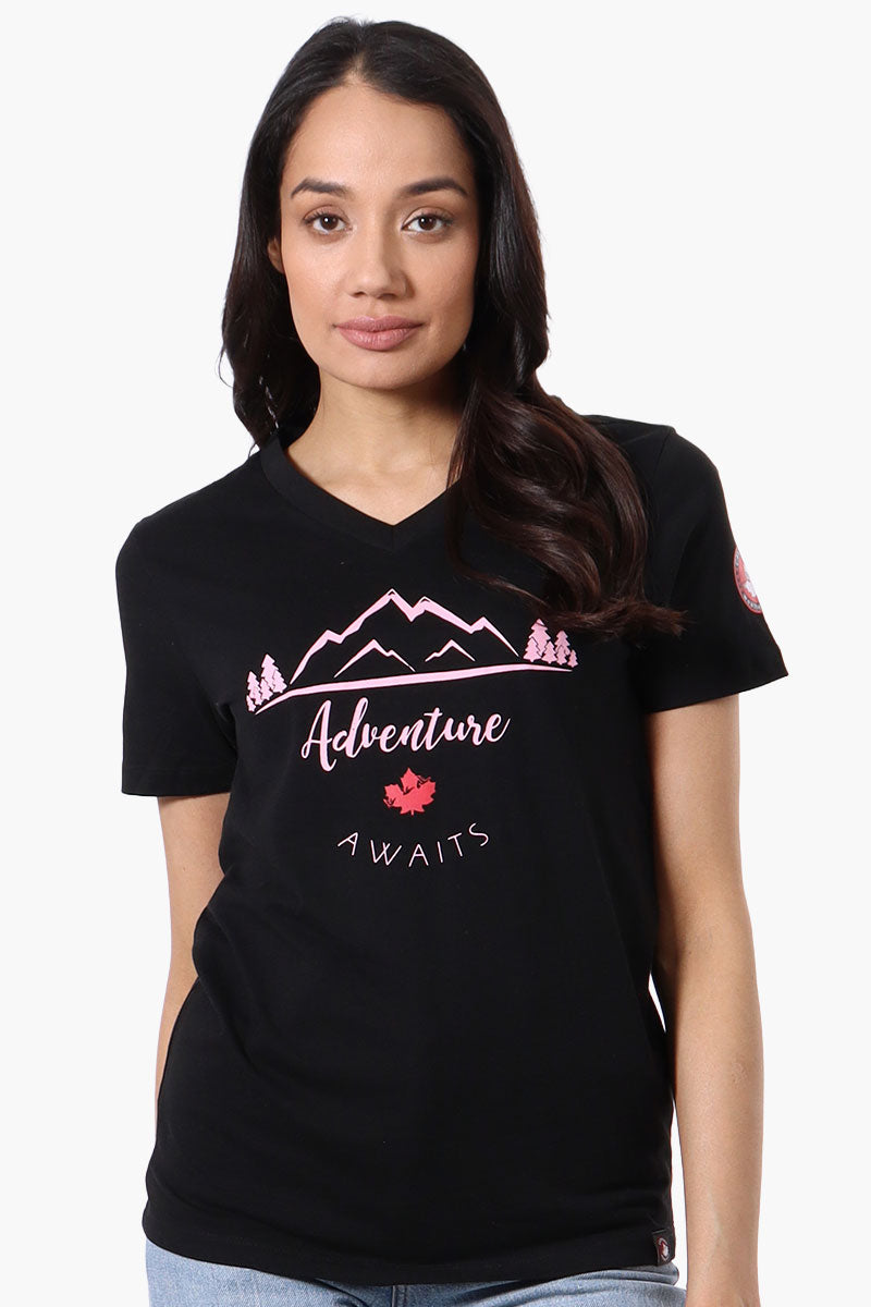 Canada Weather Gear Adventure Awaits Print Tee - Black - Womens Tees & Tank Tops - Canada Weather Gear