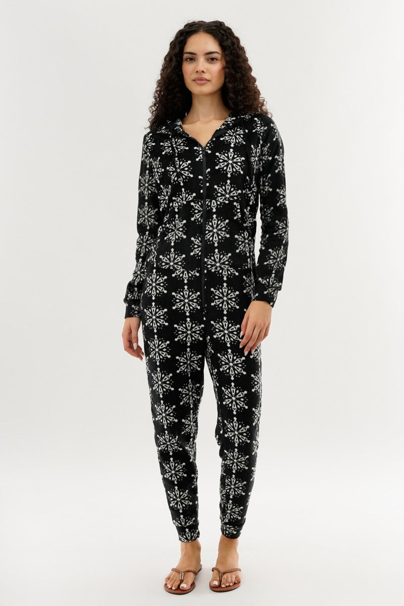 Canada Weather Gear Festive Print Fleece Onesie - Black - Womens Onesies - Canada Weather Gear