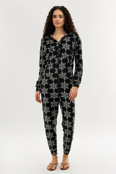 Canada Weather Gear Festive Print Fleece Onesie - Black - Womens Onesies - Canada Weather Gear