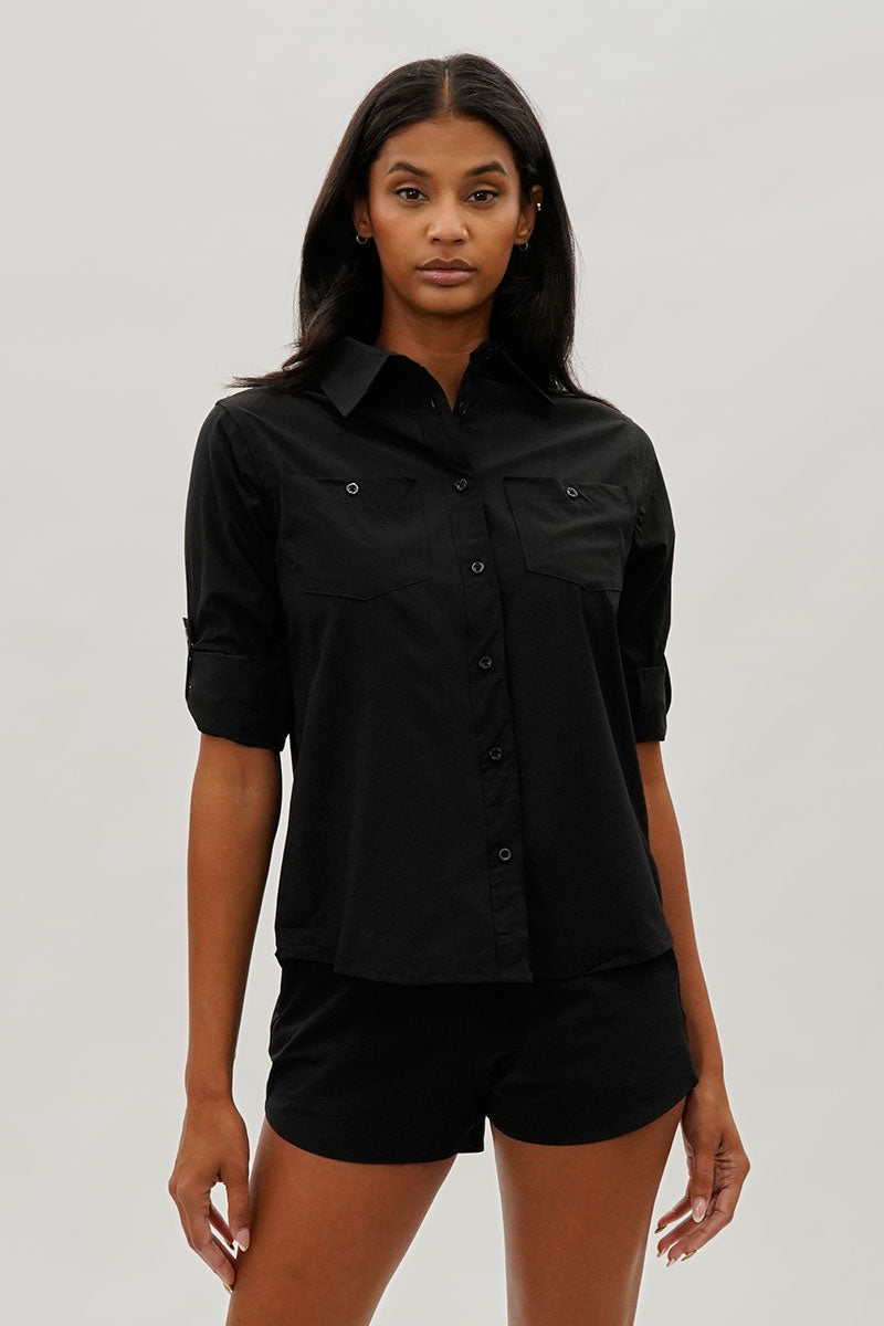 Canada Weather Gear Button Up Utility Shirt - Black - Womens Shirts & Blouses - Canada Weather Gear