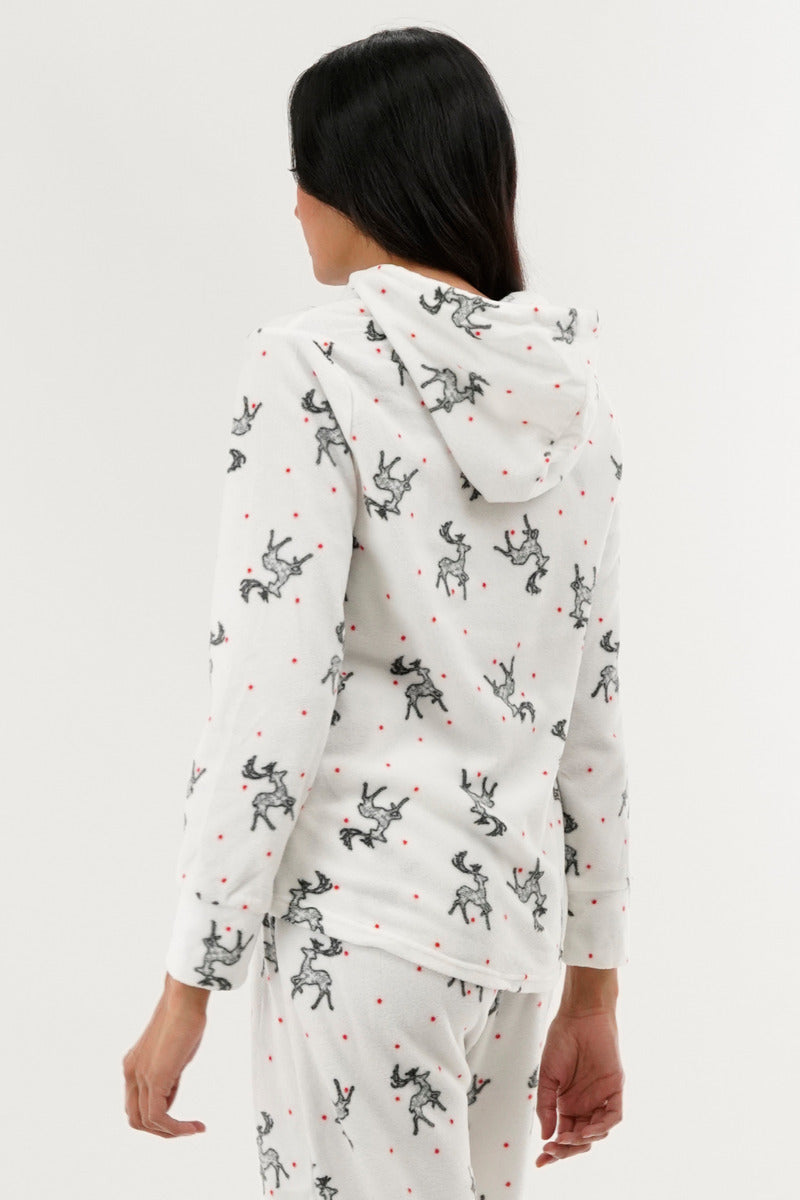 Canada Weather Gear Reindeer Print Hooded Pajama Top - White - Womens Pajamas - Canada Weather Gear