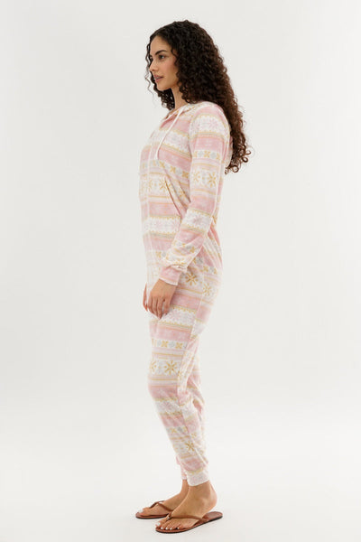 Canada Weather Gear Festive Print Fleece Onesie - Blush - Womens Onesies - Canada Weather Gear