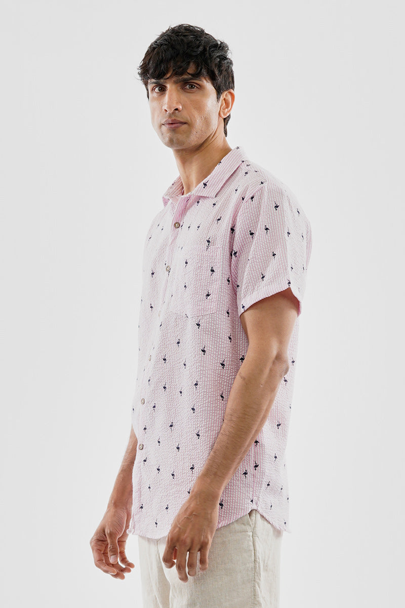Canada Weather Gear Vintage Striped Flamingo Pattern Button Up Casual Shirt - Pink - Mens Casual Shirts - Canada Weather Gear
