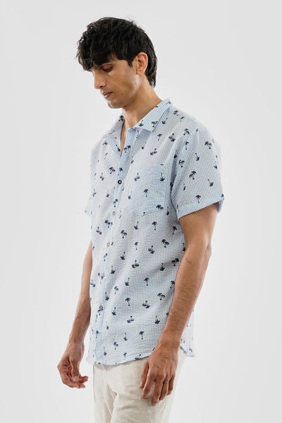 Canada Weather Gear Vintage Striped Palm Tree Pattern Button Up Casual Shirt - Blue - Mens Casual Shirts - Canada Weather Gear