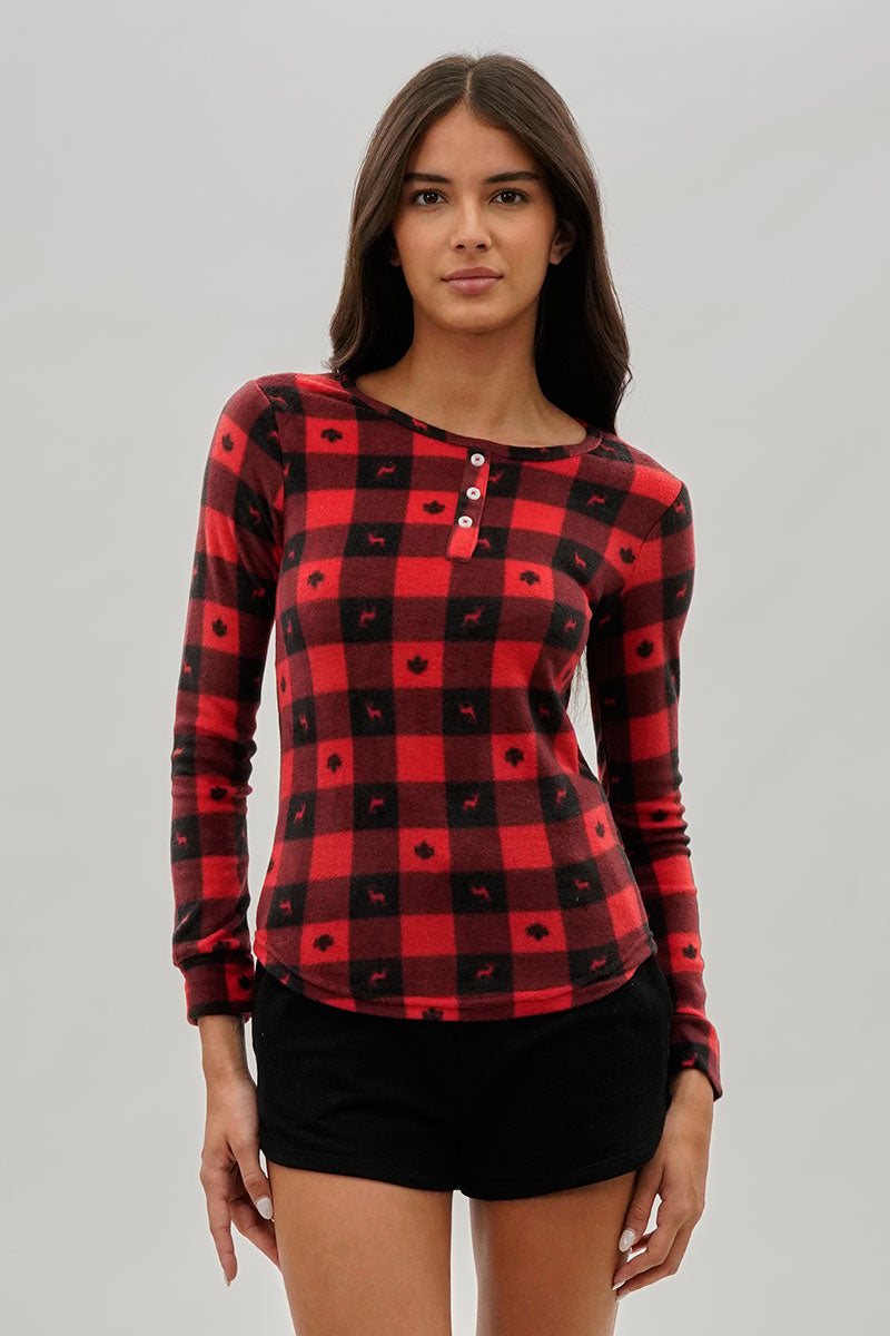 Canada Weather Gear Plaid Leaf Print Henley Pajama Top - Red - Womens Pajamas - Fairweather