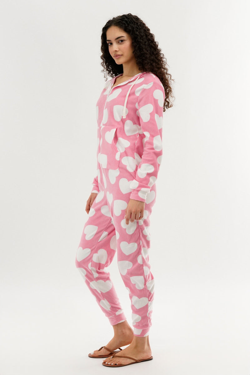 Canada Weather Gear Heart Pattern Fleece Onesie - Pink - Womens Onesies - Canada Weather Gear