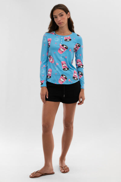 Canada Weather Gear Coffee Print Henley Pajama Top - Blue - Womens Pajamas - Canada Weather Gear