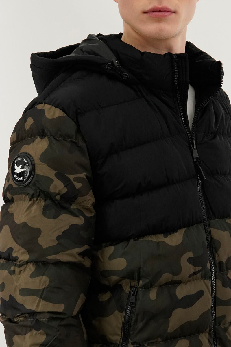 Super Triple Goose Camo Print Puffer Bomber Jacket - Olive - Mens Bomber Jackets - Canada Weather Gear
