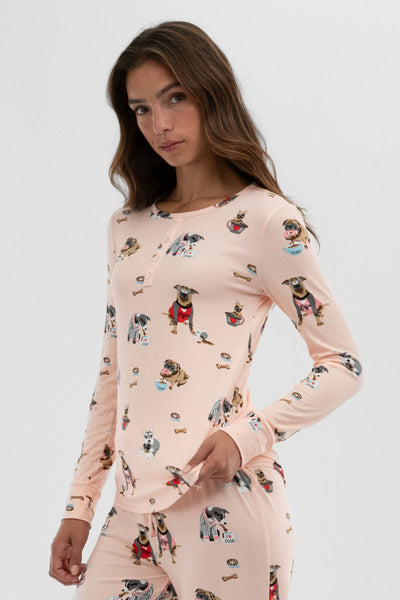 Canada Weather Gear Dog Print Henley Pajama Top - Blush