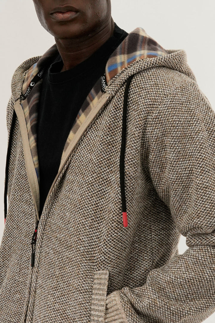 Plaid Lined Zip Up Knit Hoodie - Beige