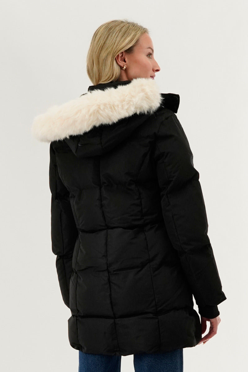 Faux Fur Lined Hood Parka Jacket - Black