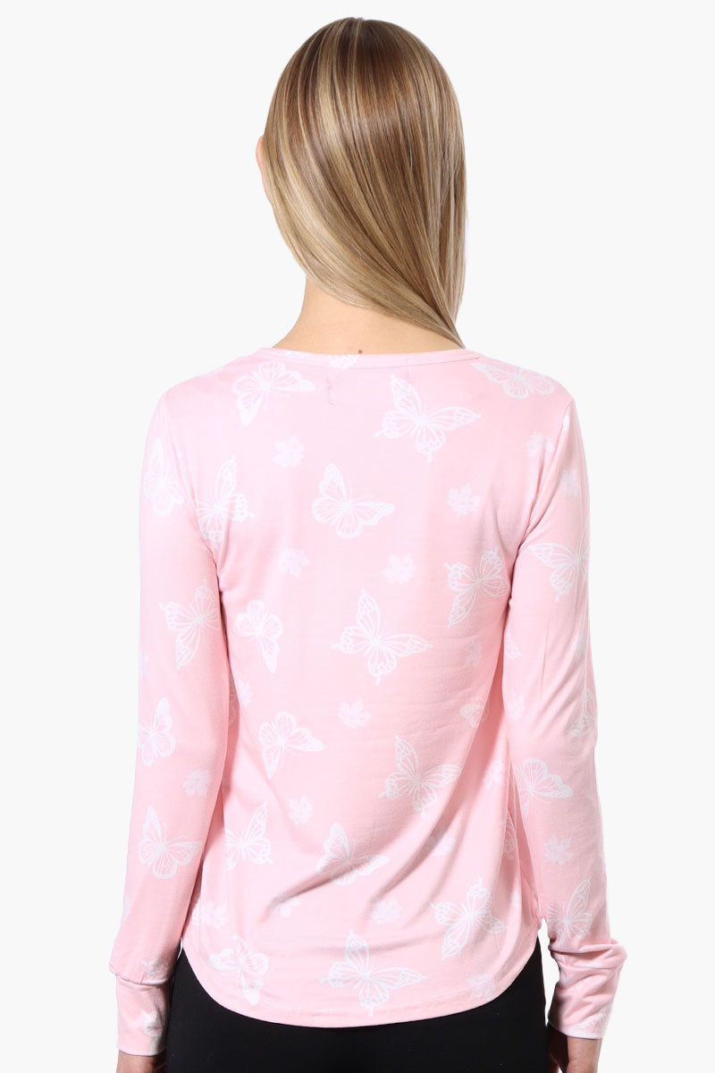 Canada Weather Gear Butterfly Pattern Henley Pajama Top - Pink - Womens Pajamas - Canada Weather Gear