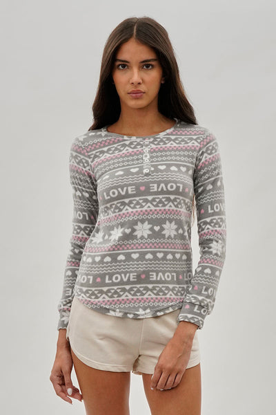 Canada Weather Gear Festive Print Henley Pajama Top - Grey - Womens Pajamas - Fairweather