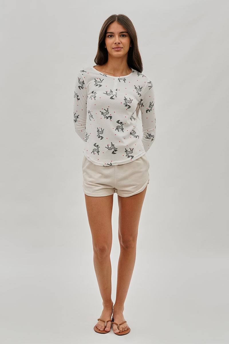 Canada Weather Gear Reindeer Print Henley Pajama Top - White - Womens Pajamas - Fairweather