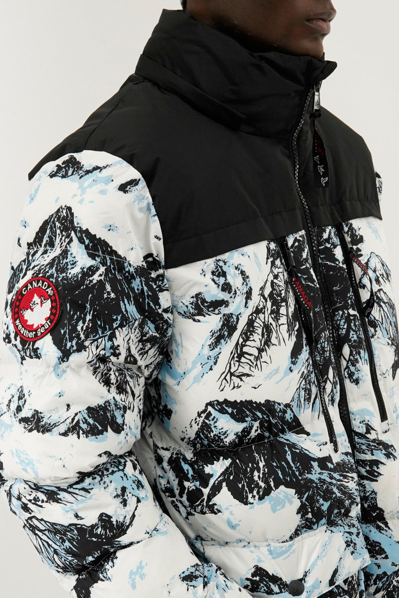 Mountain Print Puffer Bomber Jacket - White
