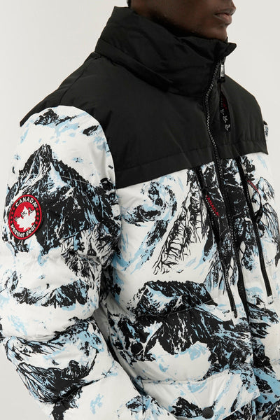 Canada Weather Gear Mountain Print Puffer Bomber Jacket - White - Mens Bomber Jackets - Canada Weather Gear