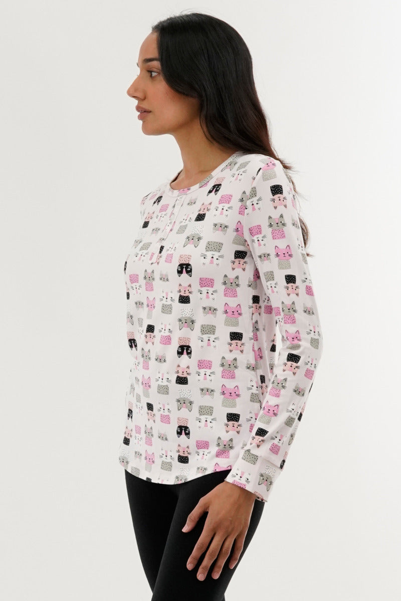 Canada Weather Gear Cat Print Henley Pajama Top - Blush - Womens Pajamas - Canada Weather Gear