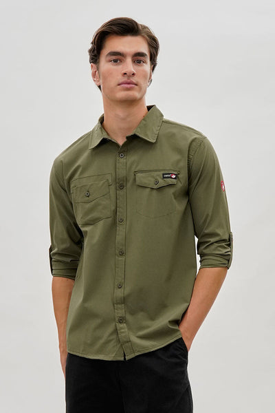 Canada Weather Gear Adventure Bound Utility Roll Up Sleeve Casual Shirt - Olive - Mens Casual Shirts - Canada Weather Gear