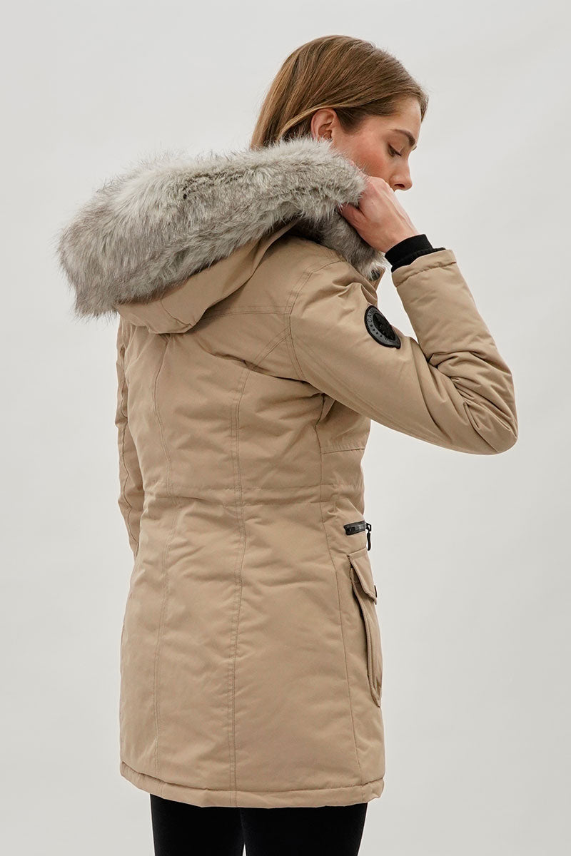 Faux Fur Lined Parka Jacket - Beige