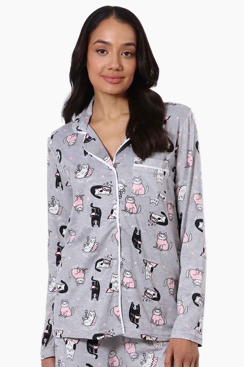 Canada Weather Gear Cat Pattern Button Down Pajama Top - Grey - Womens Pajamas - Canada Weather Gear