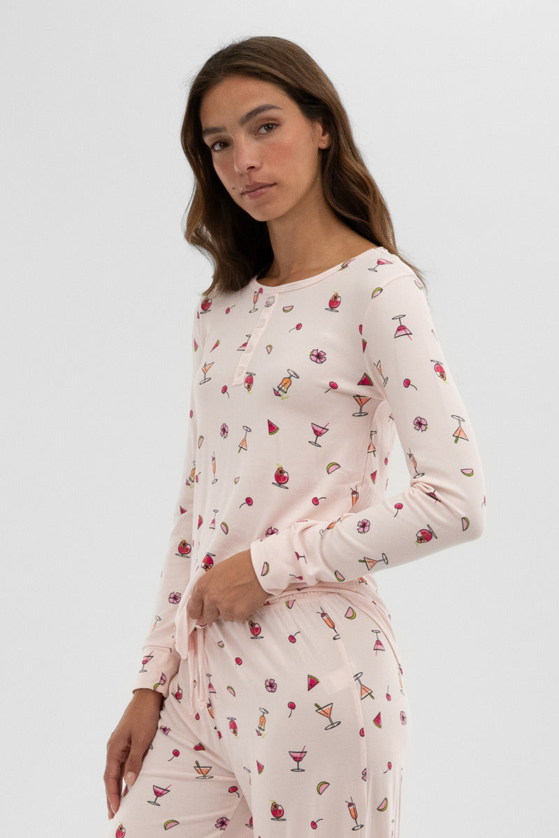 Canada Weather Gear Drink Print Henley Pajama Top - Blush - Womens Pajamas - Canada Weather Gear
