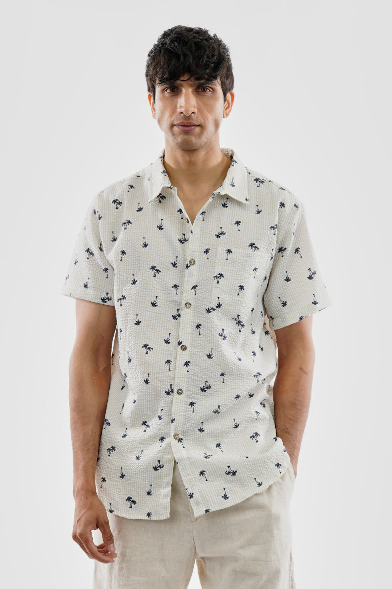 Canada Weather Gear Vintage Striped Palm Tree Pattern Button Up Casual Shirt - Beige - Mens Casual Shirts - Canada Weather Gear