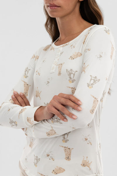 Canada Weather Gear Dog Print Henley Pajama Top - Beige