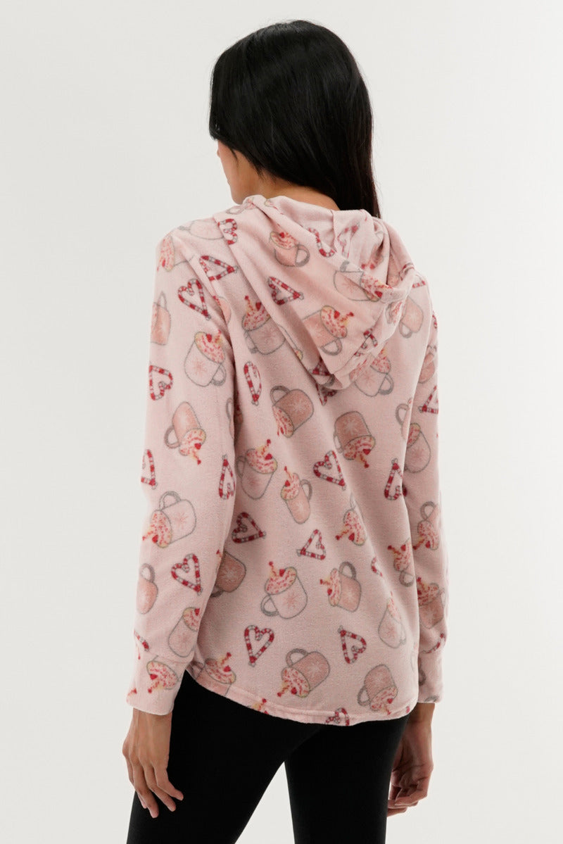 Canada Weather Gear Festive Print Hooded Pajama Top - Pink - Womens Pajamas - Canada Weather Gear