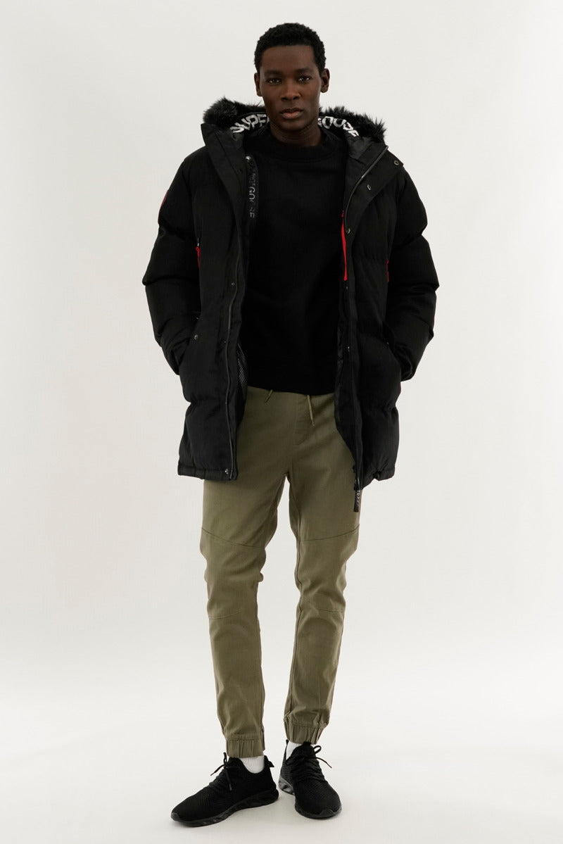 Faux Fur Lined Backpack Strap Parka Jacket - Black
