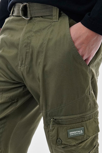Essentials Super Triple Goose Grid Pattern Belted Cargo Shorts - Olive - Mens Shorts & Capris - Canada Weather Gear