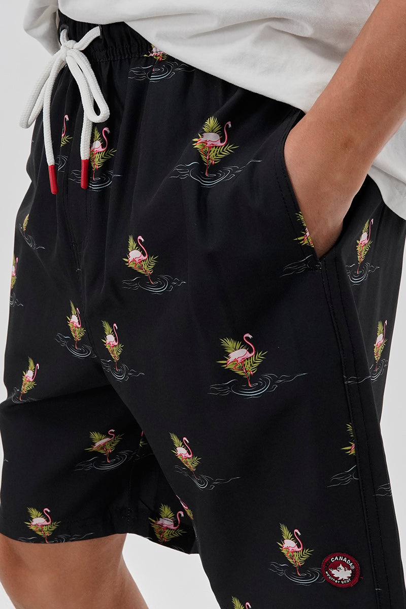 Canada Weather Gear Flamingo Print Elastic Surf Shorts - Black - Mens Shorts & Capris - Canada Weather Gear