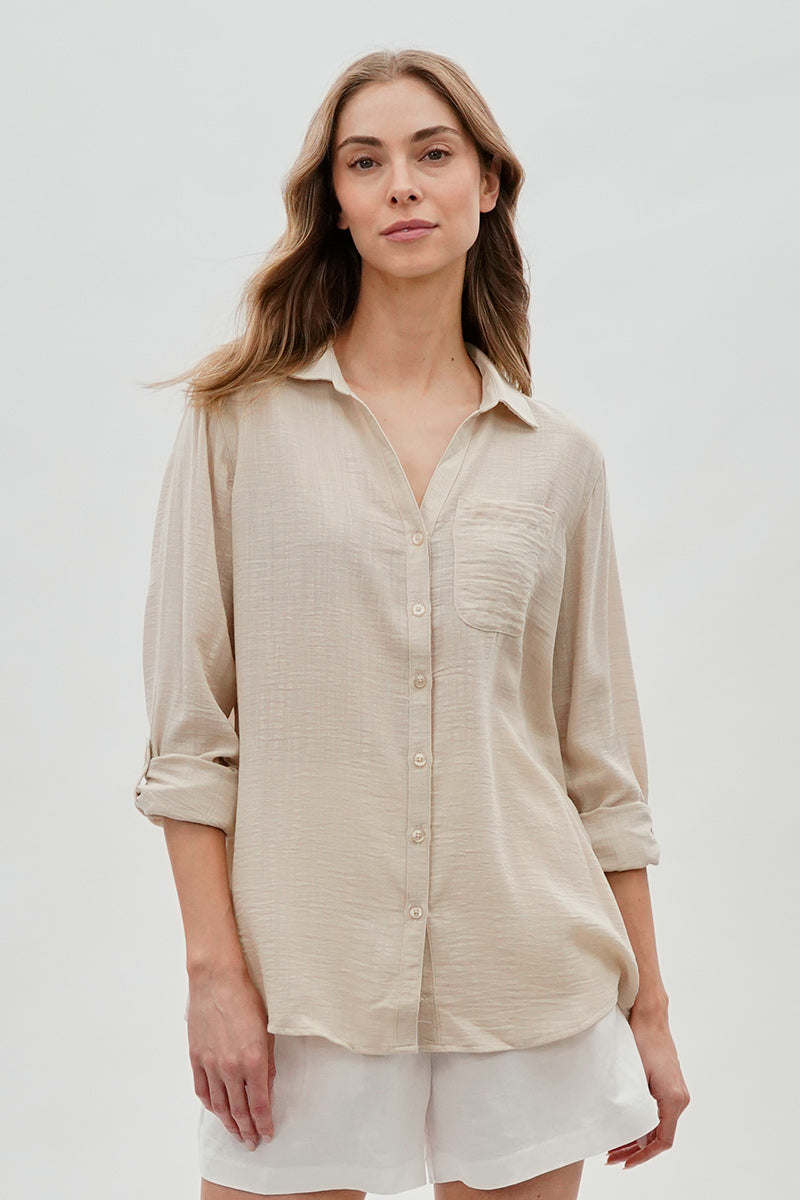 Super Triple Goose Vintage Textured Button Up Shirt - Beige - Womens Shirts & Blouses - Canada Weather Gear