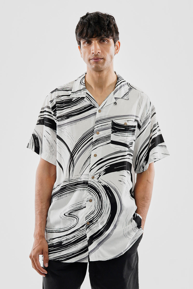 Super Triple Goose Vintage Abstract Print Button Up Casual Shirt - White - Mens Casual Shirts - Canada Weather Gear
