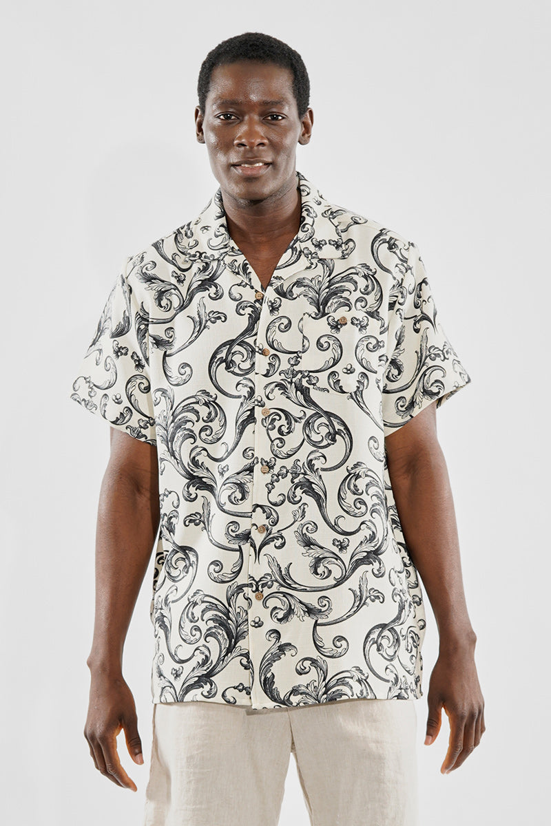 Super Triple Goose Vintage Baroque Pattern Button Up Casual Shirt - Beige - Mens Casual Shirts - Canada Weather Gear