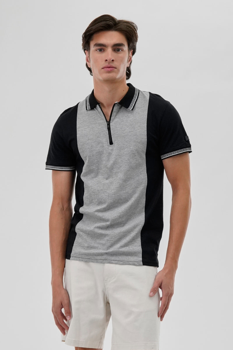 Canada Weather Gear Vintage 1/4 Zip Colour Block Polo Shirt - Black - Mens Polo Shirts - Canada Weather Gear