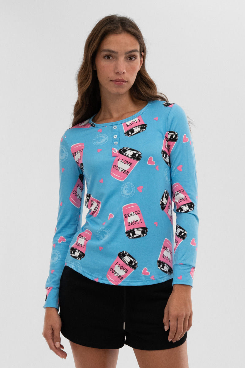 Canada Weather Gear Coffee Print Henley Pajama Top - Blue - Womens Pajamas - Canada Weather Gear