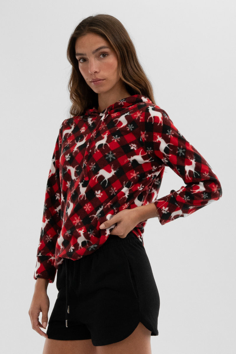 Canada Weather Gear Festive Print Hooded Pajama Top - Red - Womens Pajamas - Canada Weather Gear