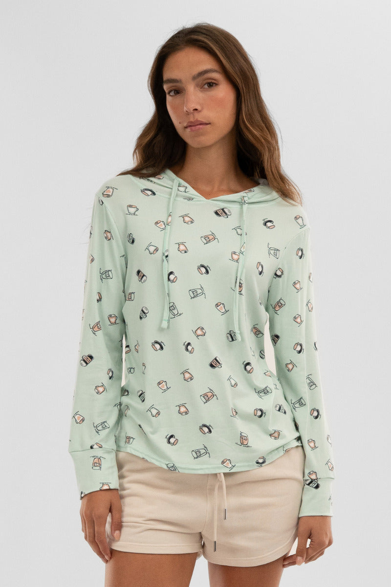 Canada Weather Gear Coffee Print Hooded Pajama Top - Mint - Womens Pajamas - Canada Weather Gear