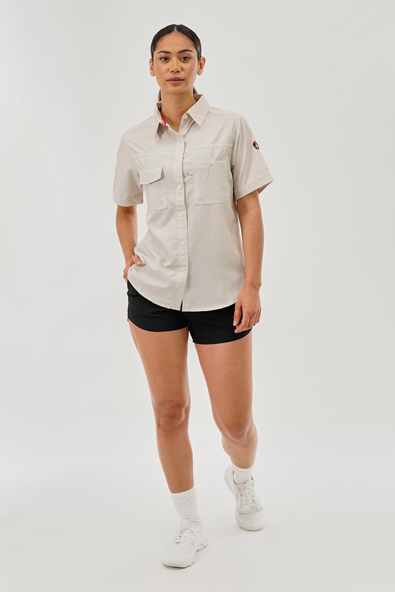 Canada Weather Gear Short Sleeve Button Up Utility Shirt - Beige - Womens Shirts & Blouses - Canada Weather Gear
