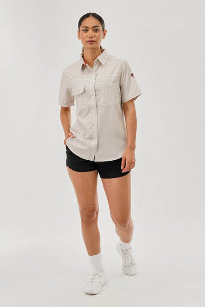 Canada Weather Gear Short Sleeve Button Up Utility Shirt - Beige - Womens Shirts & Blouses - Canada Weather Gear