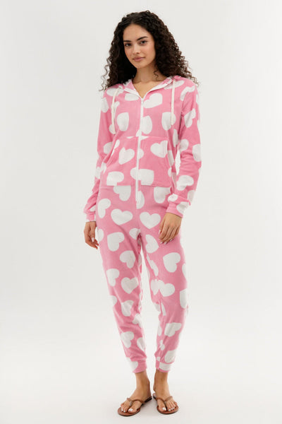 Canada Weather Gear Heart Pattern Fleece Onesie - Pink - Womens Onesies - Canada Weather Gear