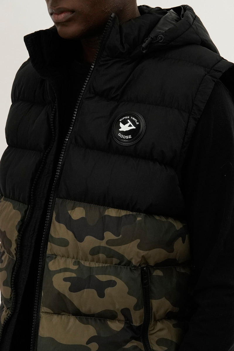 Super Triple Goose Colour Block Camo Hooded Vest - Olive - Mens Vests - Canada Weather Gear