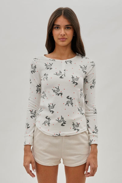 Canada Weather Gear Reindeer Print Henley Pajama Top - White - Womens Pajamas - Fairweather