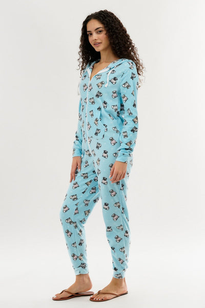 Canada Weather Gear Pug Print Fleece Onesie - Aqua - Womens Onesies - Canada Weather Gear