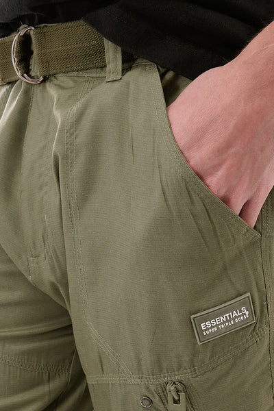 Essentials Super Triple Goose Striped Belted Cargo Shorts - Olive - Mens Shorts & Capris - Canada Weather Gear
